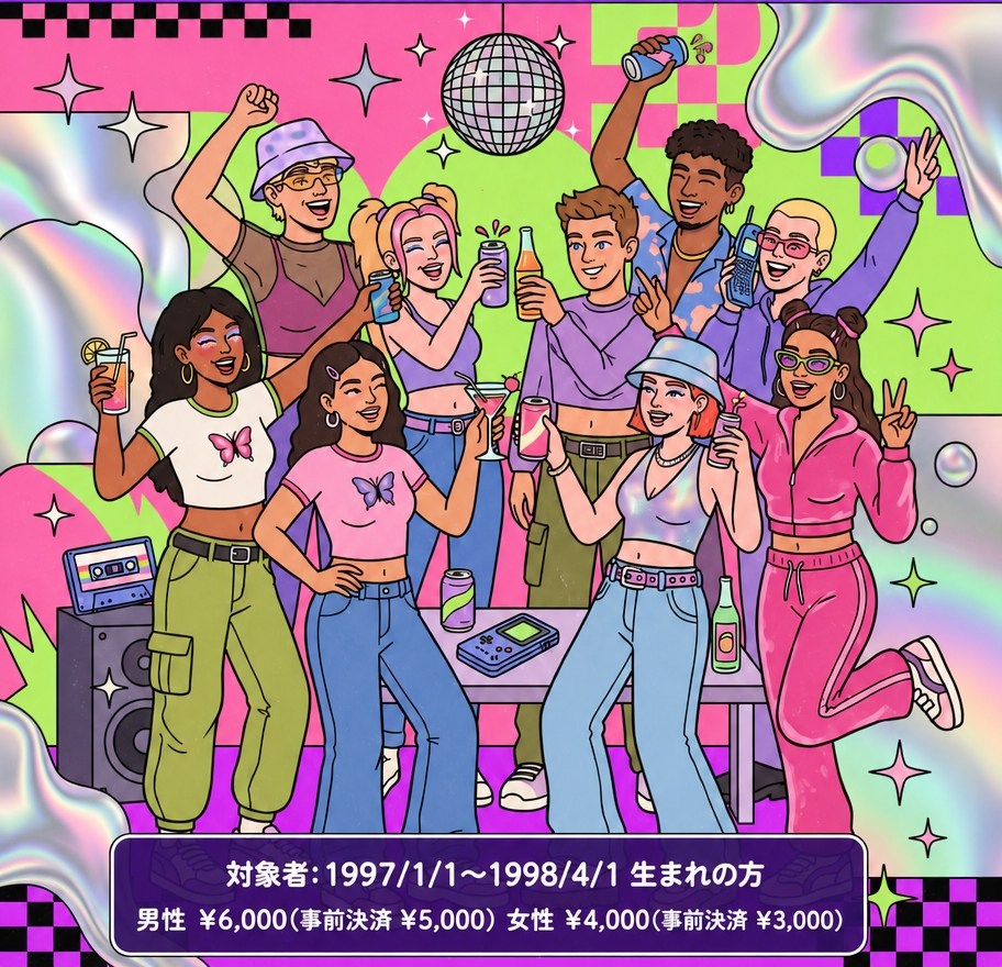 1997 FEST メインビジュアル。Y2Kファッションの若者たちがミラーボールの下で乾杯しているイラスト